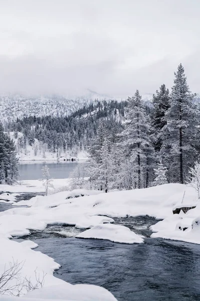 Kleine Rivier Besneeuwde Noorse Bergen Tijdens Winter — Stockfoto
