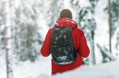 Kışın yağan karla birlikte ormanda gezen gezgin.