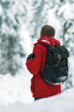 Kışın yağan karla birlikte ormanda gezen gezgin.