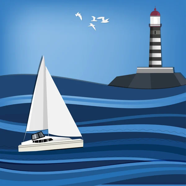 Paysage marin avec phare et voilier — Image vectorielle