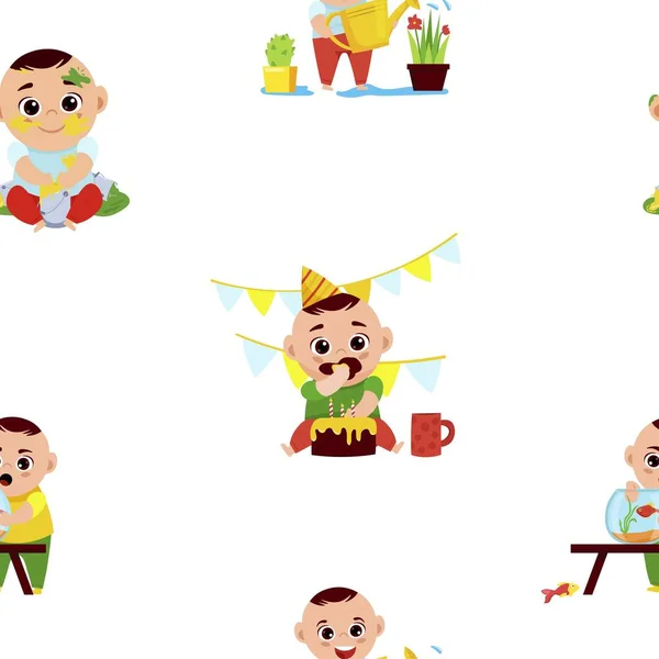 Naughty baby jongen naadloos patroon, cartoon karakter vector illustratie voor verpakking, stof of behang ontwerp — Stockvector