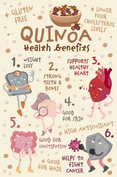 Beneficios de salud de quinua. Imagen gráfica colorida para el diseño del paquete. — Vector de stock