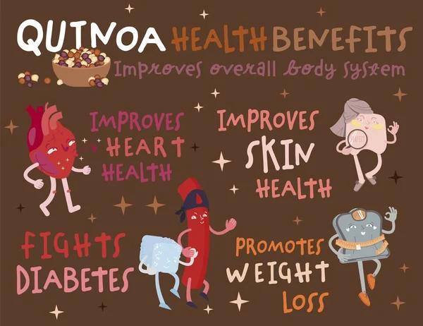 Benefícios para a saúde da quinoa. Imagem gráfica colorida para design de pacotes. — Vetor de Stock
