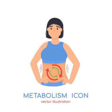 Metabolizma simgesi. Sağlıklı metabolik süreç, sindirim, kalorilerin yanması, kadın çizgi film karakterinin göbeğinde daire şeklinde oklar.