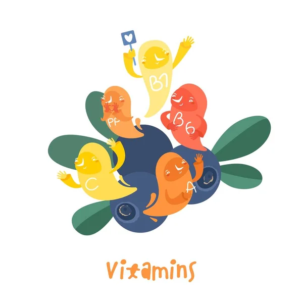 Vitaminas complejas. Personajes de dibujos animados en un estilo de moda. — Vector de stock
