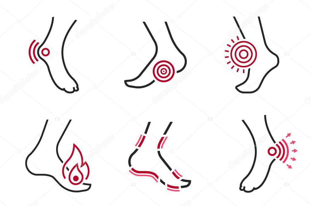 Foot inflammation, pain, angriness sign. Editable vector illustration in modern outline style isolated on a white background. Medical concept. Symbol, pictogram, icon, logotype element.