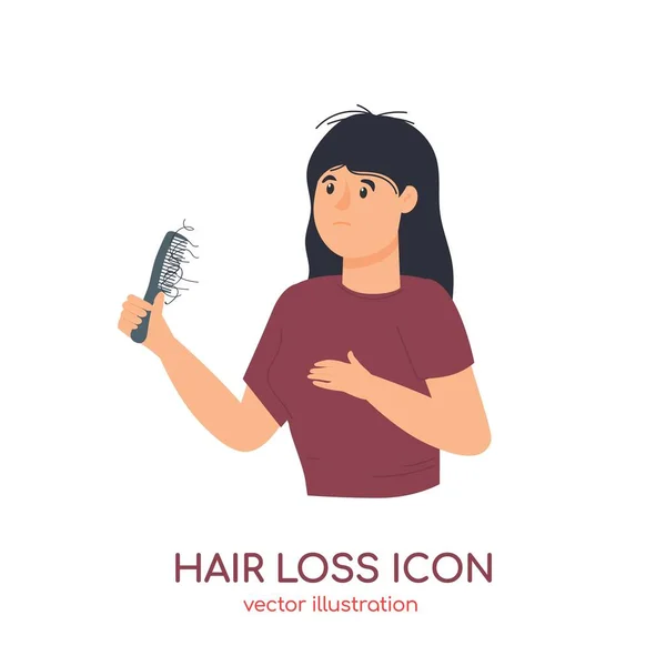 脱毛の問題のアイコン。女性は脱毛症を患っています,バランスのとれたプロセス.ヘアケアトリートメントシャンプー広告のためのベクトルイラスト — ストックベクタ