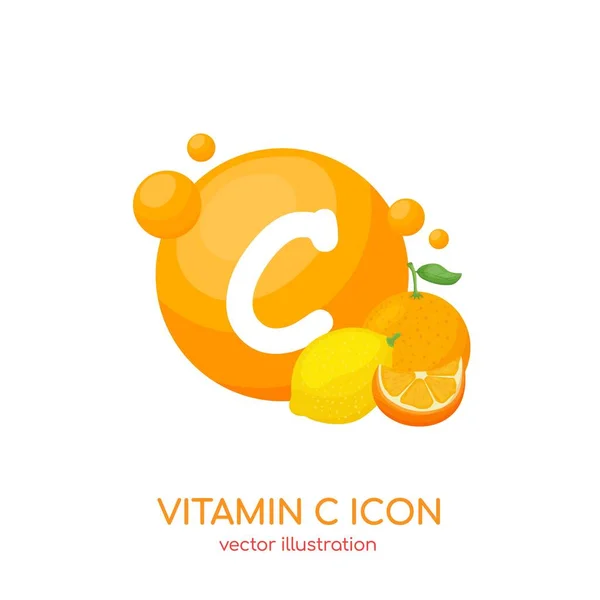 C-vitamin ikon, aszkorbinsav. Gyógyszer csomagolás design. Vitaminok komplex reklám wellness. Vektorillusztráció — Stock Vector