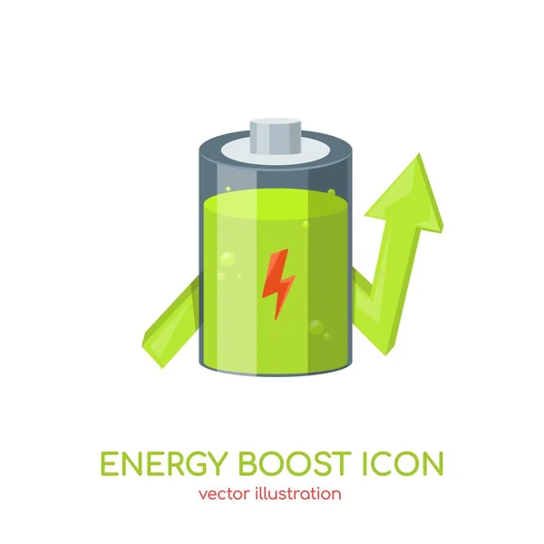 Enerji ikonunu yıldırımla güçlendirir. Yeşil pil biriktirici şarj işlemi sembolü. Güç artışı. Vektör illüstrasyonu — Stok Vektör