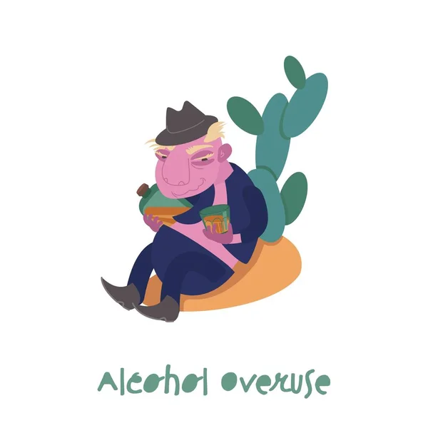 Übermäßiger Alkoholkonsum. Cartoon-Figur im trendigen Stil. — Stockvektor