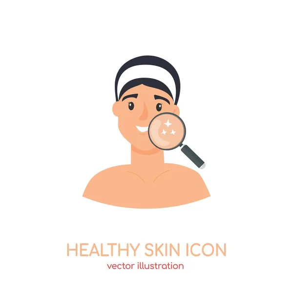 Gezond gezicht gloeiende pure huid icoon. Vrouw schoonheid gezicht met vergrootglas. Vector illustratie voor huidverzorging cosmetica ad — Stockvector