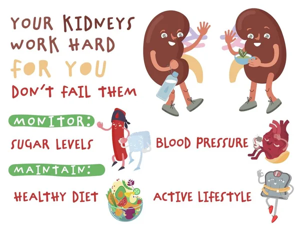 Plakat zum Weltnierentag für Bewusstsein und Prävention von Krankheiten. Niedliche Cartoon-Nieren Charaktere. Medizinische Vektor-Illustration — Stockvektor