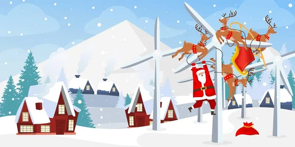 Humoristic Christmas postcard. Santa Claus with his deers got lost in the windmill. — Stock Vector