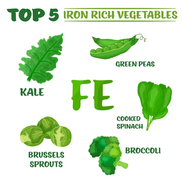 Top five iron rich vegetables - kale, broccoli, Brussels sprouts, peas and cooked spinach. — Stock Vector