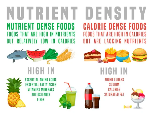 Nutrient dense foods versus calorie dense foods. Horizontal poster. — ストックベクタ
