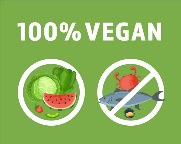Vegan 100 pour cent, arrêter la consommation de fruits de mer. Illustration vectorielle pour magasin ecofriendly, restaurants cafés végétariens — Image vectorielle