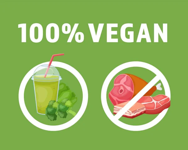 100% -ban vegán. Nincs hús. Környezetbarát vegán életmód, redukarizmus. Vektor illusztráció zöld háttérrel. — Stock Vector