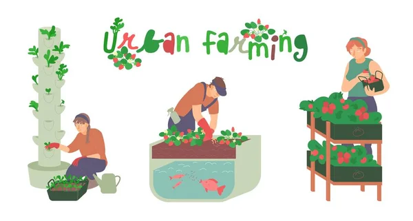 Agriculture urbaine, jardinage. Caractères plats. Illustration vectorielle modifiable — Image vectorielle