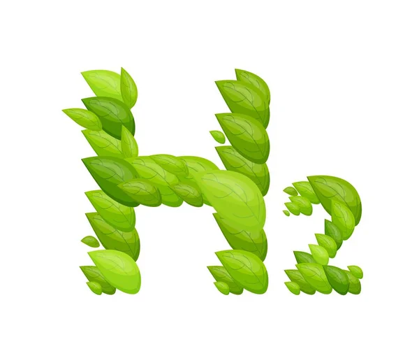 Symbole H2 avec feuilles. Pictogramme de production d'hydrogène vert — Image vectorielle