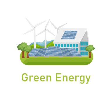 Yenilenebilir kaynaklardan gelen yeşil güneş ve rüzgar enerjisi. Düzenlenebilir vektör illüstrasyonu