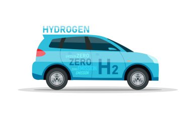 Hidrojen motorlu otomobiller. H2 yakıt vagonu. Düzenlenebilir vektör illüstrasyonu