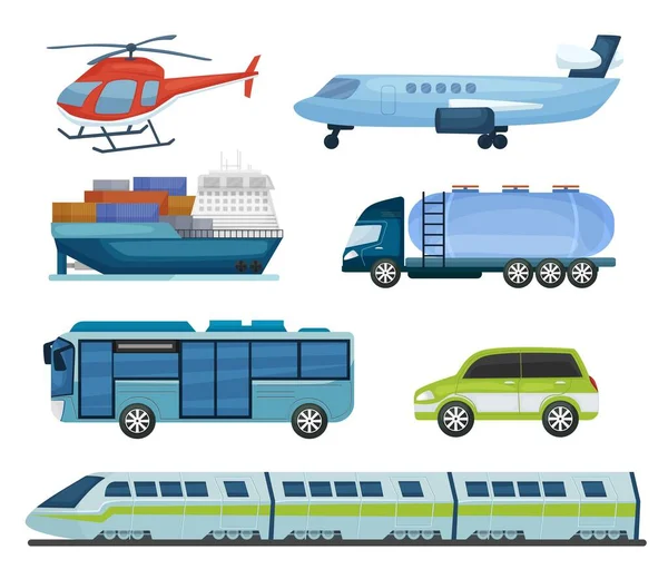 Recogida de tipos de transporte. Conjunto de vehículos públicos y transportables de carga. — Archivo Imágenes Vectoriales