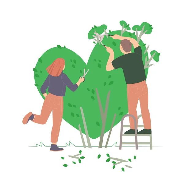 Jardinagem familiar feliz. História de amor num jardim. Ilustração vetorial — Vetor de Stock