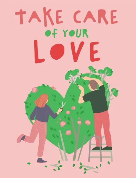 Zorg voor je liefde. Romantische verticale poster. Bewerkbare vectorillustratie — Stockvector