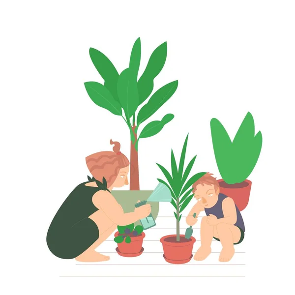 행복 한 농사와 정원가꾸기. 식물에 물을 주고 꽃을 심고 정원에서 일하는 모습. — 스톡 벡터