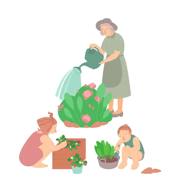 Happy farming, gardening. Flat characters. Editable vector illustration — Stock Vector