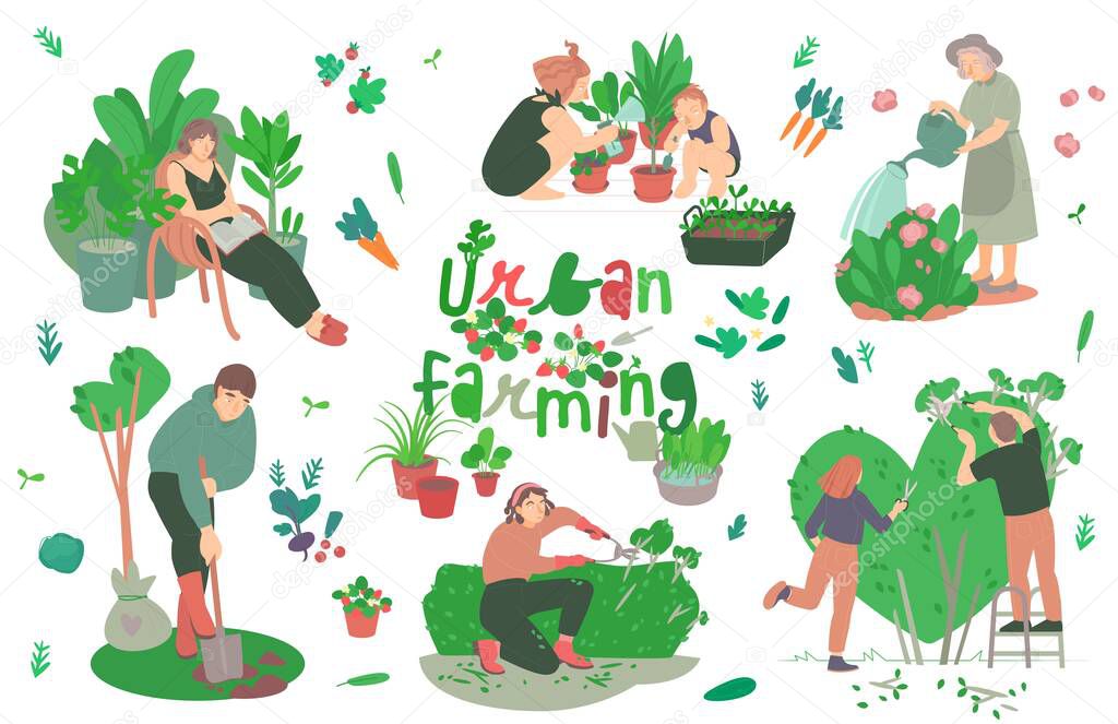 Happy farming, gardening set. Flat characters. Editable vector illustration