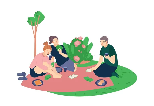 Uma família brinca em conjunto num jardim. Tempo engraçado com amigos. — Vetor de Stock