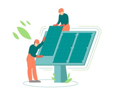 Voltaik sistem kurulumu. Güneş pilleri yükleyen teknisyenler.