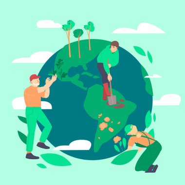 People planting and gardening, saving the planet. Vector illustration. clipart