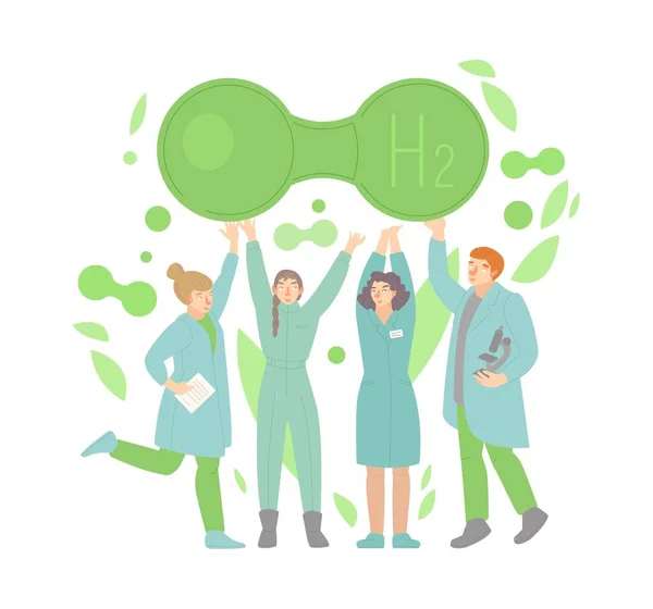 Scientists inventing green hydrogen fuel. Vector illustration — Stock Vector