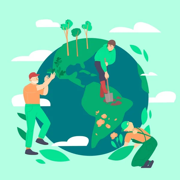 People planting and gardening, saving the planet. Vector illustration. — Stock Vector