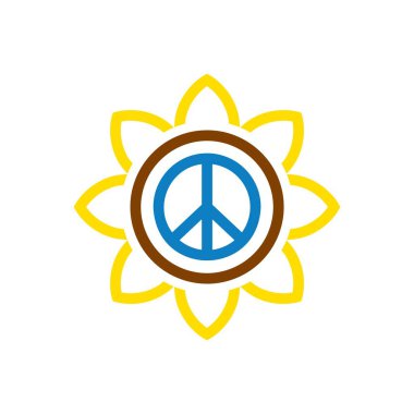 Peace to Ukraine. National Ukrainian symbol, pictogram in a sunflower shape, colored with national blue and yellow. No war sign. Save people. Editable vector illustration isolated on white background
