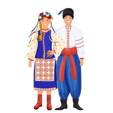 Ukrainian man and woman in traditional clothes. Happy couple in national costumes. Independent Ukraine concept. Editable vector illustration in cartoon style isolated on a white background.