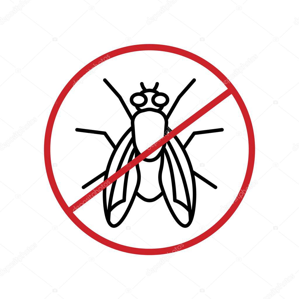 Anti fly sign. Insect protection icon. Fly-repellent spray, creme, pictogram. Insectifuge round symbol. Editable vector illustration in black, red color isolated on a a white background.