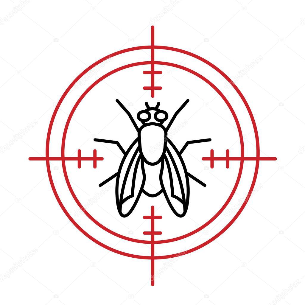 Anti fly sign. Insect protection icon. Fly-repellent spray, creme, pictogram. Insectifuge round symbol. Editable vector illustration in black, red color isolated on a a white background.