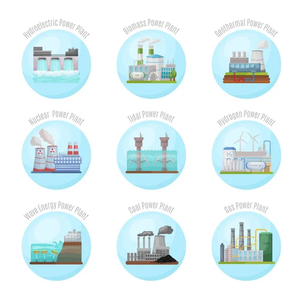 Energy Types Icon Set Power Stations Sign Collection Modern Technology — Vector de stock