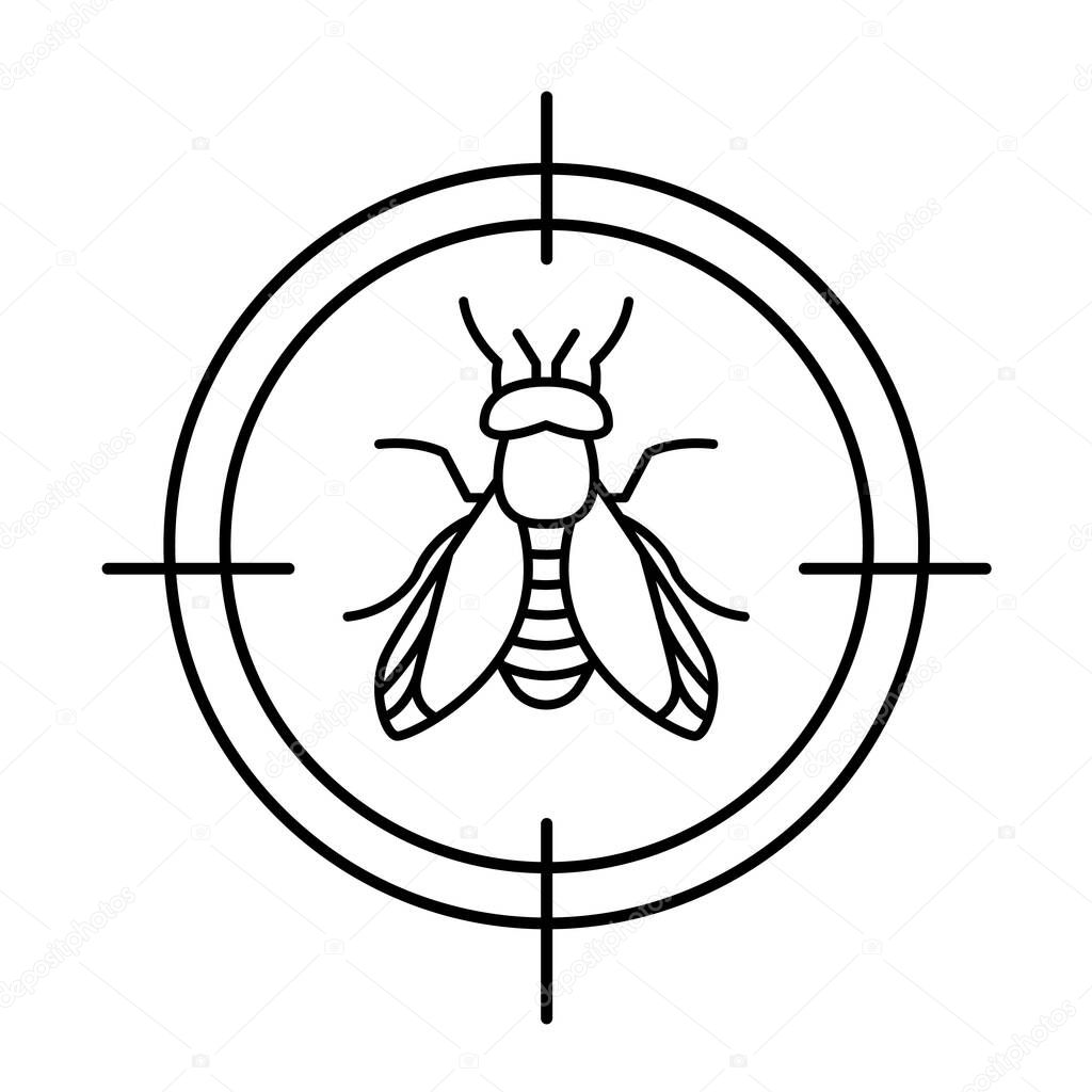 Anti fly sign. Insect protection icon. Fly-repellent spray, creme, pictogram. Insectifuge round symbol. Editable vector illustration in black color isolated on a a white background.
