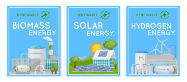 Renewable energy source posters collection. Biomass power station banner. Solar, waste, hydrogen electricity. Ecology, science understanding concept. Vector illustration in cartoon style