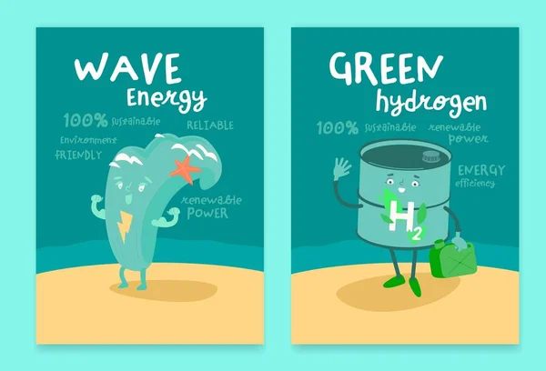 Wave Hydrogen Energy Posters Funny Creative Character Portrait Ecological Print — Archivo Imágenes Vectoriales