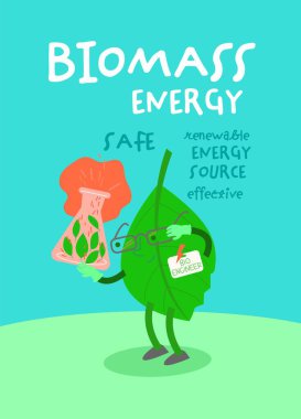 Biomass energy vertical poster with funny creative character. Portrait print. Ecological power, zero emissions. Ecology, global warming, clean future. Editable vector illustration in a cartoon style.