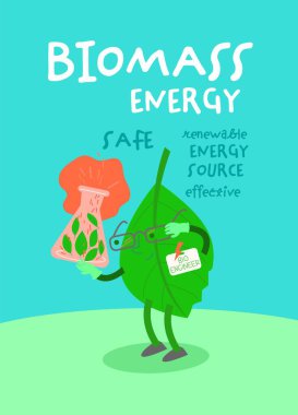 Biomass energy vertical poster with funny creative character. Portrait print. Ecological power, zero emissions. Ecology, global warming, clean future. Editable vector illustration in a cartoon style. clipart