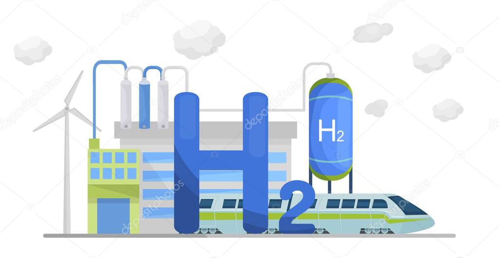 Green hydrogen production. Renewable energy source. H2 fuel plant. Ecological energy with zero emissions. Ecology, global warming concept. Editable vector illustration isolated on a white background.