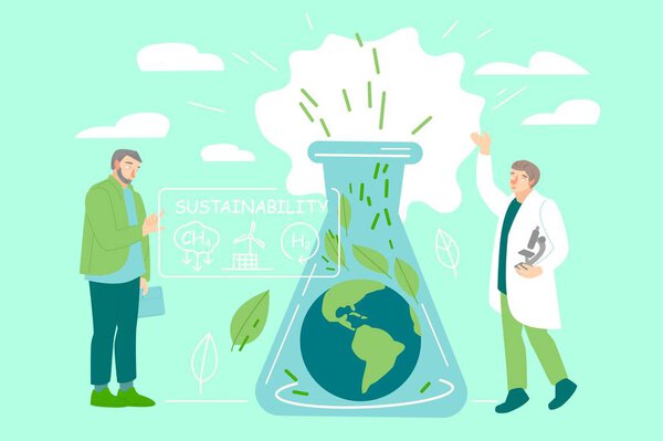 The young scientist working on futuristic projects. Modern laboratory. Saving earth, ecological problems. Ecology, global warming, clean planet concept. Vector illustration on a white background