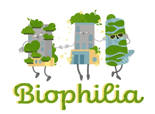 Biophlia Landscape Poster Funny Characters Homes Cities Workplaces Hotels Intentionally — Vector de stock