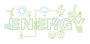 Green power production. Future ecological powerplant concept. Renewable alternative energy with lower emissions. Creative outline typography. Editable vector illustration isolated on white background